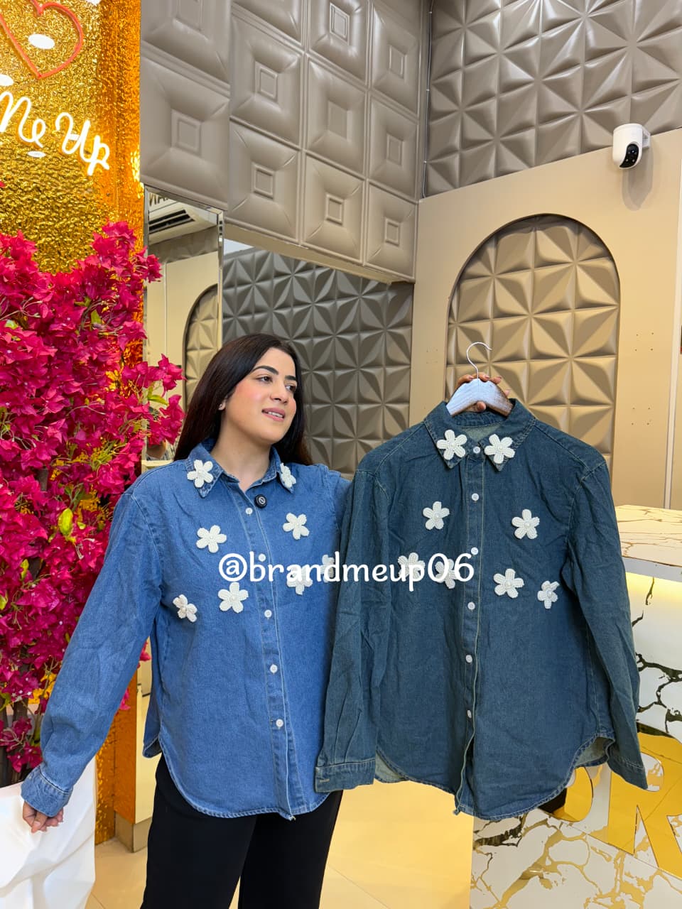 Denim Rhinstone Shirt (PRM-682) PEARL FLOWER