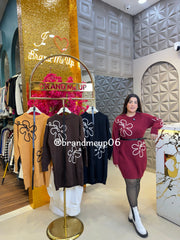 EMBROIDERY DOUBLE FLOWER WOOLEN DRESS WITH BELT (IMP-572)