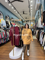 EMBROIDERY DOUBLE FLOWER WOOLEN DRESS WITH BELT (IMP-572)