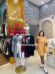 EMBROIDERY BIG FLOWER WOOLEN DRESS WITH BELT (IMP-573)