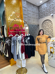 EMBROIDERY BIG FLOWER WOOLEN DRESS WITH BELT (IMP-573)