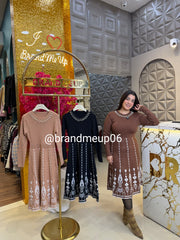 WOOLEN PRINTED DRESS WITH PEARL NECKLINE (IMP-634)