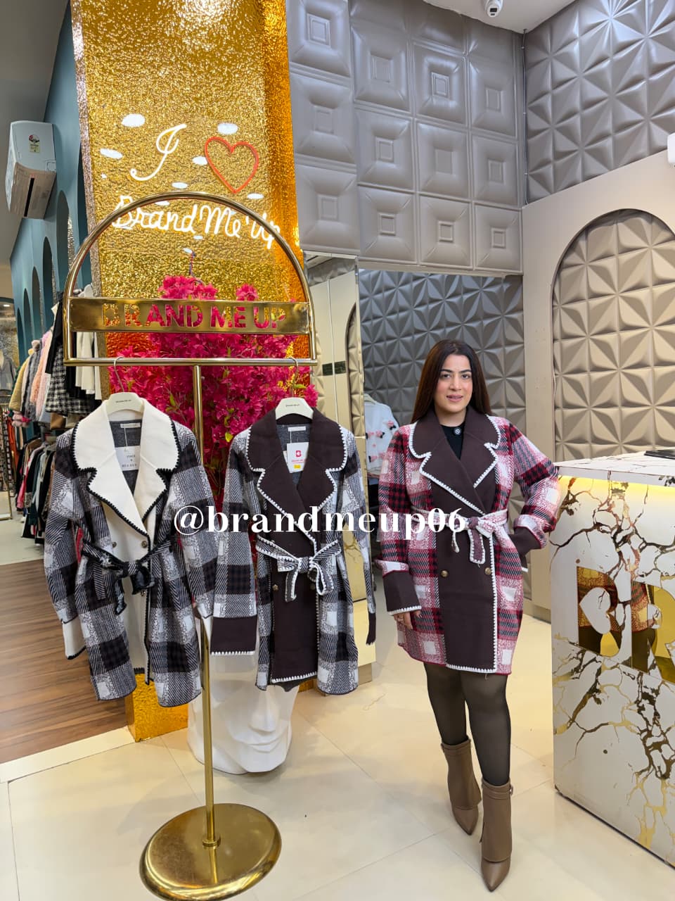 WOOLEN CHECK COAT WITH BELT AND POCKET (IMP-678)