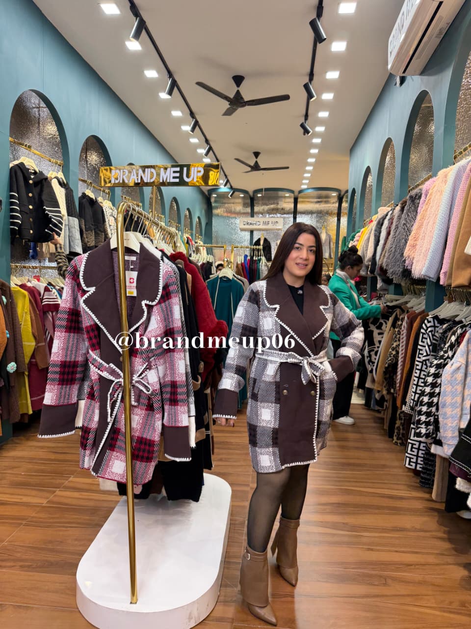 WOOLEN CHECK COAT WITH BELT AND POCKET (IMP-678)