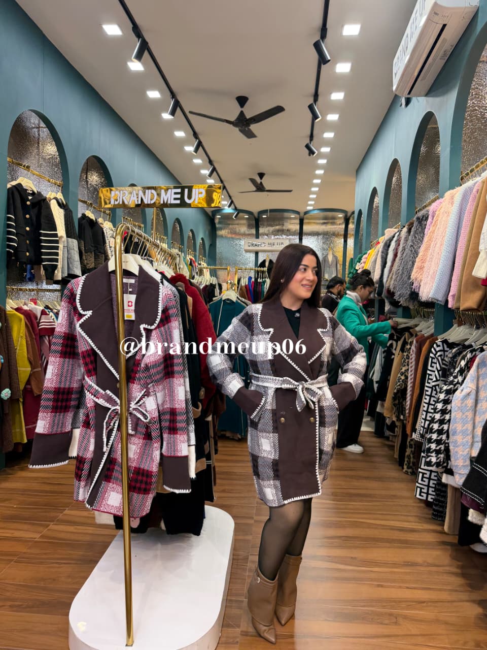 WOOLEN CHECK COAT WITH BELT AND POCKET (IMP-678)