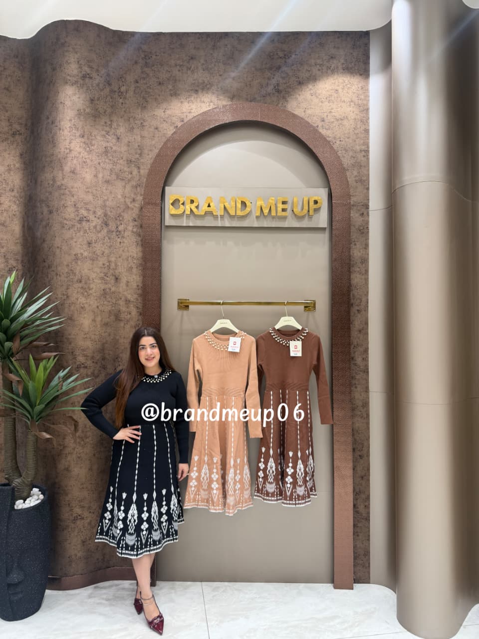 WOOLEN PRINTED DRESS WITH PEARL NECKLINE (IMP-634)