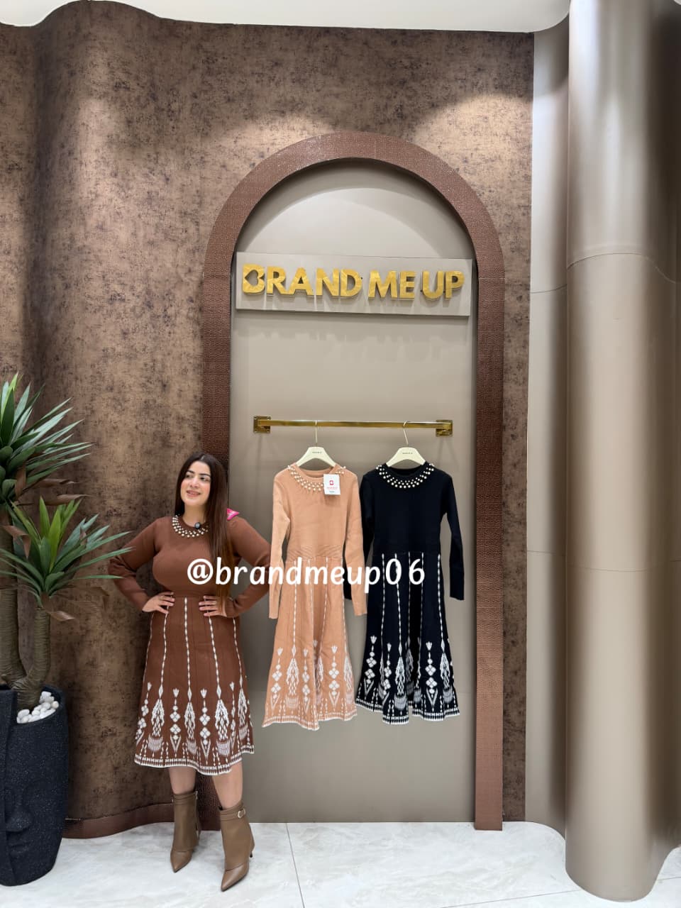 WOOLEN PRINTED DRESS WITH PEARL NECKLINE (IMP-634)