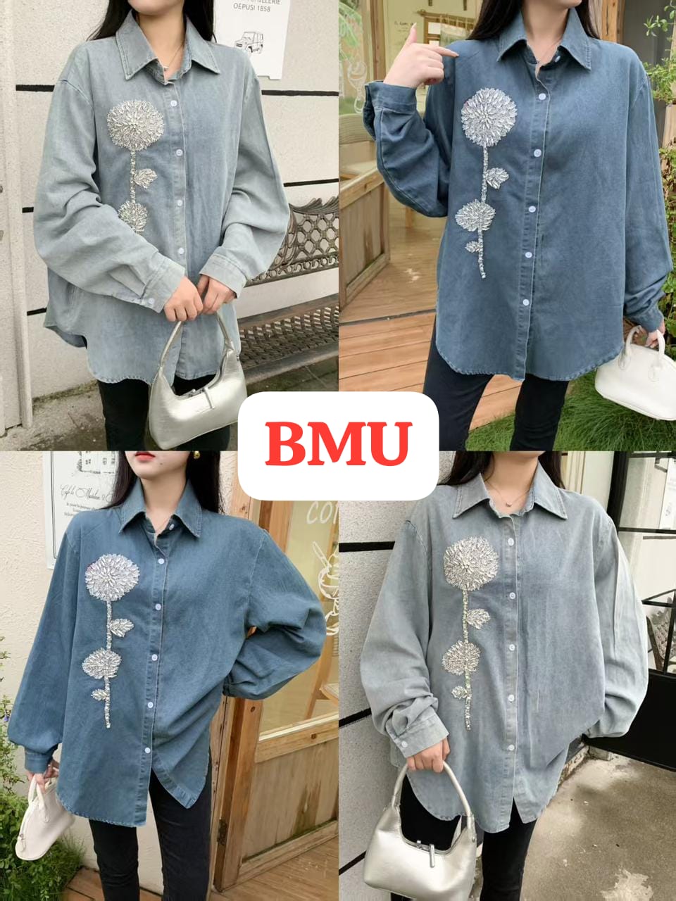 DENIM SHIRT WITH ROSE RHINESTONE (PRM-716)