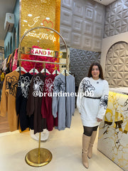 EMBROIDERY BIG FLOWER WOOLEN DRESS WITH BELT (IMP-573)